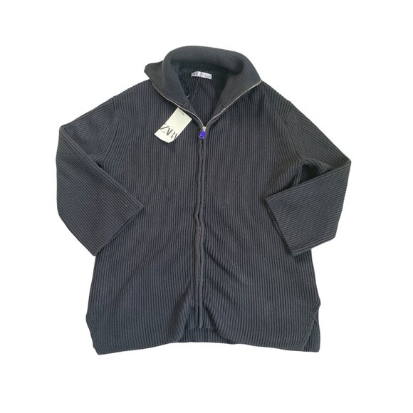 Zara Women's Large NWT Zip Up Ribbed Knit Cardigan Heavy Weight True Black - Picture 2 of 7